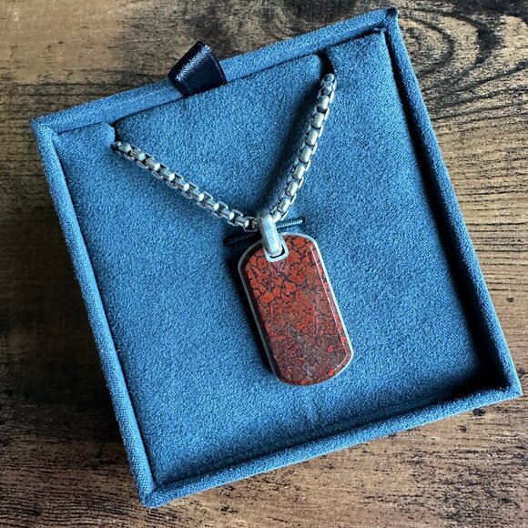 David Yurman Red Agate Dog Tag & DY Medium Box Chain Necklace - 22" - Picture 1 of 16